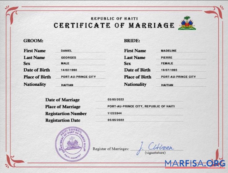 Blank Haiti marriage certificate PSD template